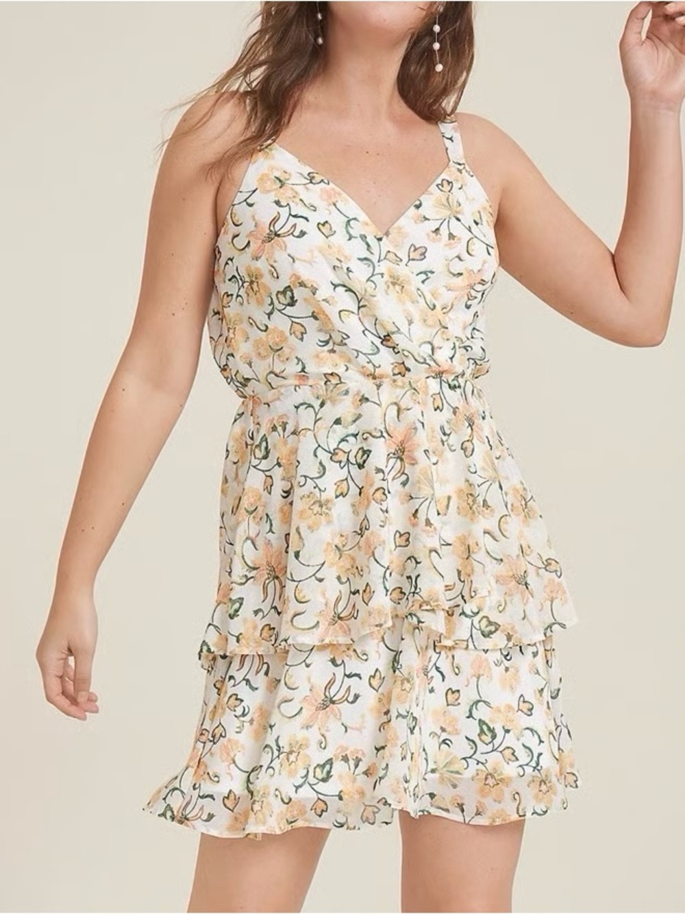 Maurices Floral Wrap Tiered Mini Dress White Yellow Ruffle V-neck Large Women’s